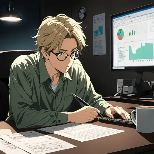 Prompt: Anime, A man lying his head on an office desk, looking off to the side in a dark office. The computer screen being the only light source, the tab being auditing graphs. His hair is short, matted, and dirty blonde. his round glasses are askew, reflecting the light from the monitor. He has a Short stature and scrawny. Tired green eyes and a wrinkled dark and pale green button up. His face has a deep blush, his lips pursed into a small smile. His eyebrows curl to a surprised look. His left hand is holding a pen, paper before him having unfinished writing. His right hand is holding a coffee cup, the steam floating and swirling into the shape of a heart.