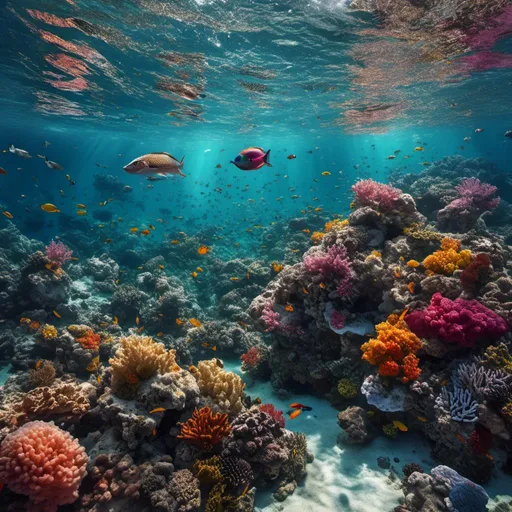 Prompt: <mymodel>Fantastic marine life in hyper-realistic style, sunlight piercing the water surface, vibrant coral reefs, colorful exotic fish with intricate patterns, sparkling ocean waves, high-quality, hyper-realistic, marine life, vibrant colors, sunlight, coral reefs, exotic fish, sparkling waves, detailed texture, professional, natural lighting