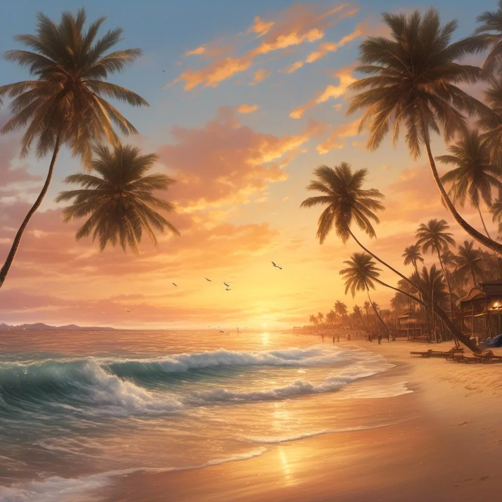 Prompt: <mymodel>Photorealistic illustration of a serene beach at sunset, golden hues casting warm glow, peaceful waves gently crashing on the shore, palm trees swaying in the breeze, ultra-detailed, highres, photorealism, serene beach, golden sunset, peaceful waves, swaying palm trees, realistic lighting