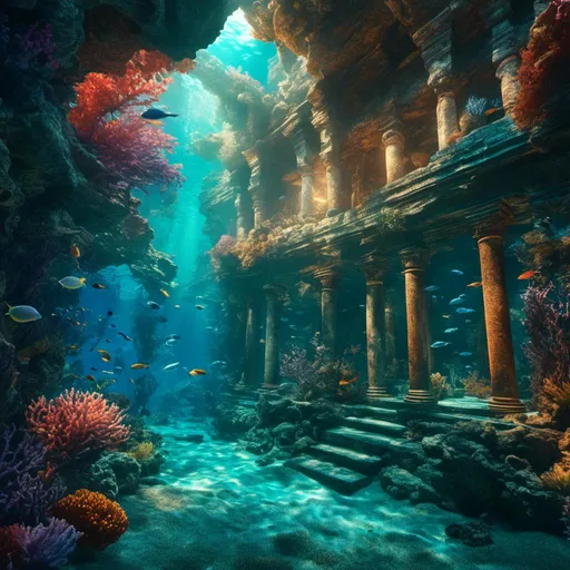 Prompt: <mymodel>Vibrant 3D rendering of a mythical underwater city, sparkling bioluminescent coral reefs, majestic sea creatures, ancient ruins, ethereal and magical atmosphere, high definition, surreal fantasy, iridescent color palette, luminous lighting