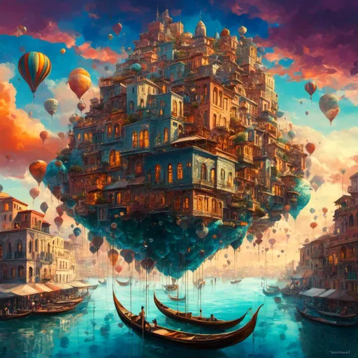 Prompt: <mymodel>Dreamlike digital painting of a surreal floating city, vibrant and surreal colors, fantastical architecture, glossy and reflective surfaces, intricate details, high quality, surrealism, vibrant colors, dreamlike, glossy surfaces, intricate details, floating city, fantastical architecture