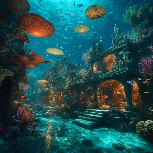 Prompt: <mymodel>Vibrant 3D rendering of a mythical underwater city, sparkling bioluminescent coral reefs, majestic sea creatures, ancient ruins, ethereal and magical atmosphere, high definition, surreal fantasy, iridescent color palette, luminous lighting