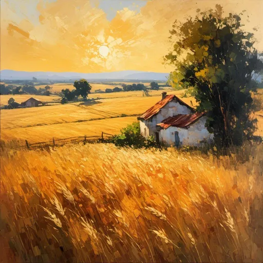 Prompt: <mymodel>Vibrant oil painting of a serene countryside, golden fields of wheat swaying in the wind, a rustic farmhouse nestled in the background, warm sunlight casting long shadows, rich and lush brushstrokes, high quality, textured, impressionism, warm tones, natural lighting