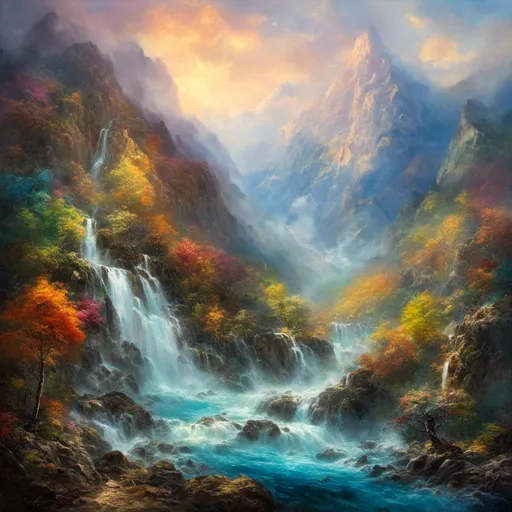 Prompt: <mymodel> Majestic fantasy landscape, oil painting, towering mountains and cascading waterfalls, mythical creatures roaming, vibrant and surreal colors, soft ethereal lighting, high quality, detailed fantasy, oil painting, vibrant colors, mythical creatures, majestic landscape, ethereal lighting, towering mountains, cascading waterfalls, surreal, fantasy