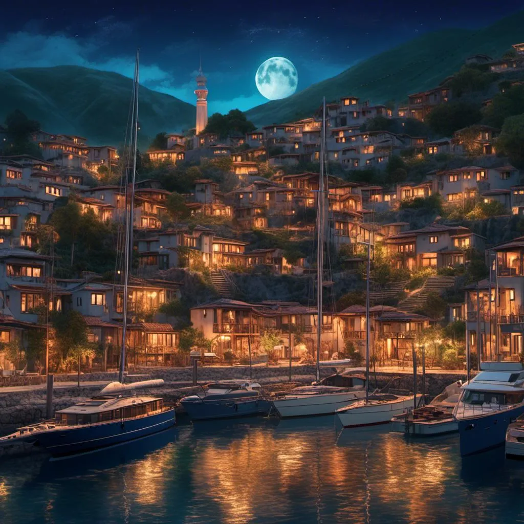 Prompt: <mymodel>Beautiful yacht under full moon, mountain side town harbor at dusk, detailed reflections on water, serene atmosphere, high-quality, digital painting, realistic, peaceful color tones, moonlit glow, docked yacht, mountain town, tranquil harbor, detailed moon, serene lighting, calm waters