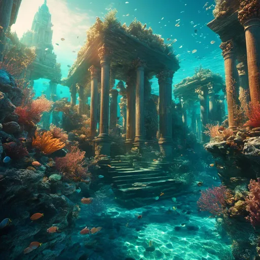 Prompt: <mymodel>Vibrant 3D rendering of a mythical underwater city, sparkling bioluminescent coral reefs, majestic sea creatures, ancient ruins, ethereal and magical atmosphere, high definition, surreal fantasy, iridescent color palette, luminous lighting