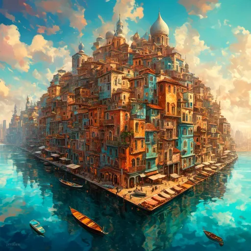 Prompt: <mymodel>Dreamlike digital painting of a surreal floating city, vibrant and surreal colors, fantastical architecture, glossy and reflective surfaces, intricate details, high quality, surrealism, vibrant colors, dreamlike, glossy surfaces, intricate details, floating city, fantastical architecture