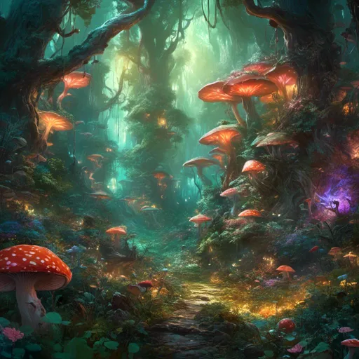 Prompt: <mymodel>Vibrant digital illustration of a magical forest, lush greenery, enchanting fairy, whimsical flowers and mushrooms, ethereal glow, high quality, fantasy, digital painting, vibrant colors, magical lighting