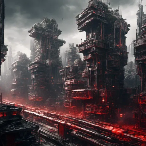 Prompt: <mymodel>Dystopian digital art of a futuristic city, ominous red and gray tones, imposing megacorporation headquarters, decaying urban landscape, detailed mechanical drones with glowing red eyes, heavy industrial smog, best quality, highres, ultra-detailed, sci-fi, dystopian, ominous tones, futuristic, mechanical drones, decaying urban landscape, industrial smog, atmospheric lighting