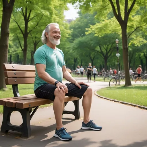 Prompt: Draw an adult man with hair that is 70% white and 30% black, about 170 cm tall. The man has a relaxed, smiling expression and is sitting on a park bench. He is watching many people engaging in various activities in an urban forest. The background is a green and lush urban forest with various people jogging, cycling, or doing yoga.

Additional details:

Man's Clothing: Wearing a plain, brightly colored T-shirt (e.g., blue or green) and casual long pants.
Park Bench: A simple yet comfortable wooden or metal bench.
Urban Forest: Filled with many large and small trees, several jogging paths, and grassy areas.
People's Activities: Some are jogging, cycling, and a few are doing yoga on mats.
