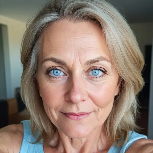 Prompt: beautiful 50 year old woman, light blue eyes, kind expression, selfie style image