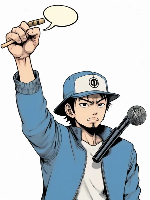 Prompt: a man with a hat and a baseball bat in his hand and a microphone in the background with a speech bubble, Eiichiro Oda, figurativism, kim jung gi, a manga drawing