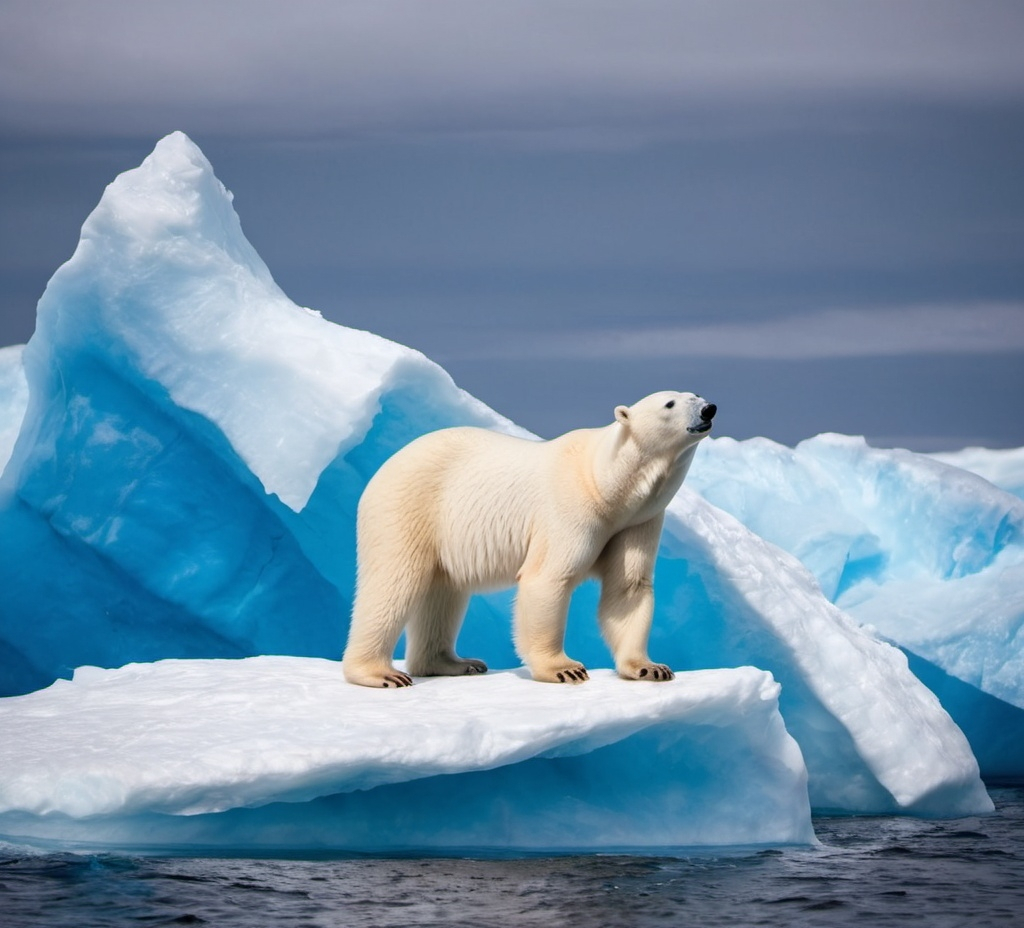 Prompt: polar bear standing on the top of the blue iceberg 


