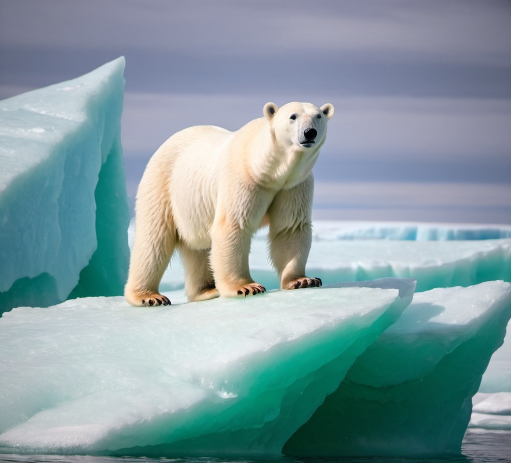 Prompt: polar bear standing on the top of the green iceberg 


