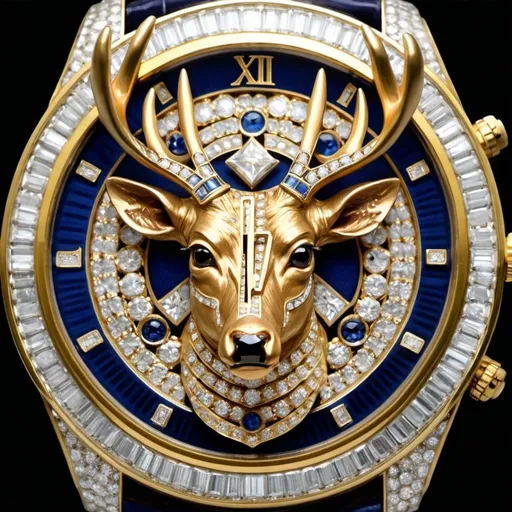 Prompt: extreme big watch with diamonds, saphires, a deer head in middle of the watch, rubys and lots of gold.
The brandname of the watch is: Jaeger