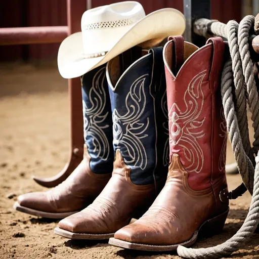 Prompt: I need pictures of cowboy stuff like boots ropes and hats as well as steel 
horse shoe - rodeo stuff