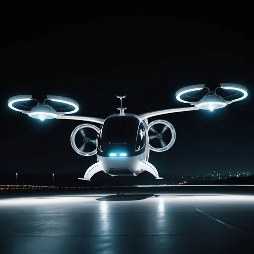 Prompt: A cinematic still of a futuristic evtol (electric vertical take off and landing) vehicle flying in the dark. The scene is lit by dim light.