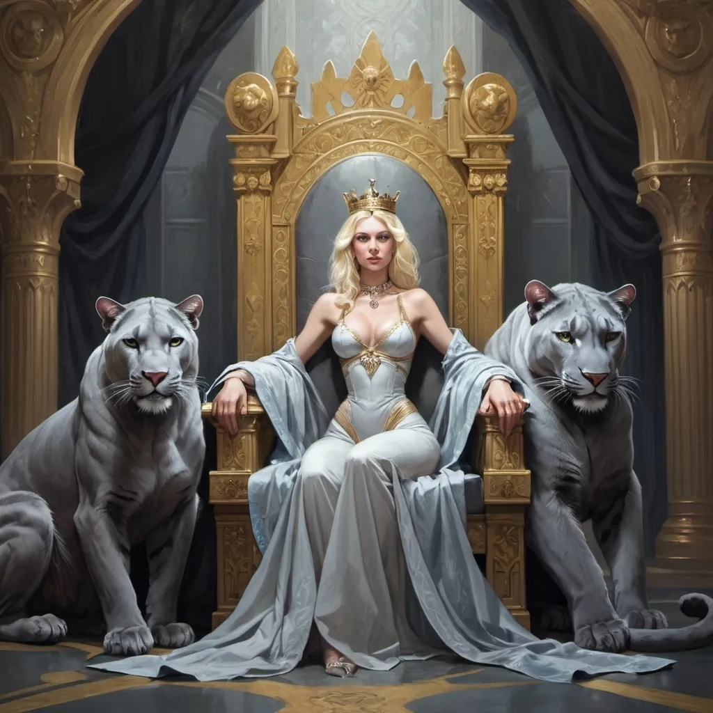 Prompt: A fantasy style painting of a blonde queen sitting on a throne next to a giant gray panther