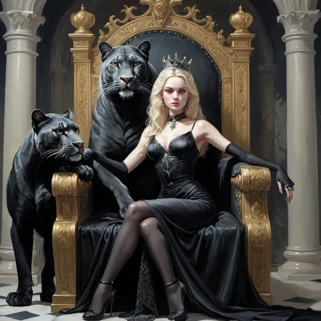 Prompt: A gothic fantasy style painting of a blonde queen in a black dress sitting on a throne next to a giant gray panther