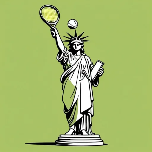 Prompt: Simple illustration or drawing of Statue of Liberty serving a tennis ball using a tennis racket. 