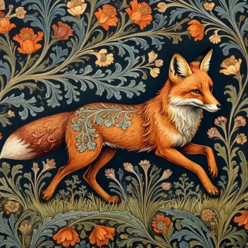 Prompt: moody painting of fox running 
intricate details, beautiful colors william morris illustration