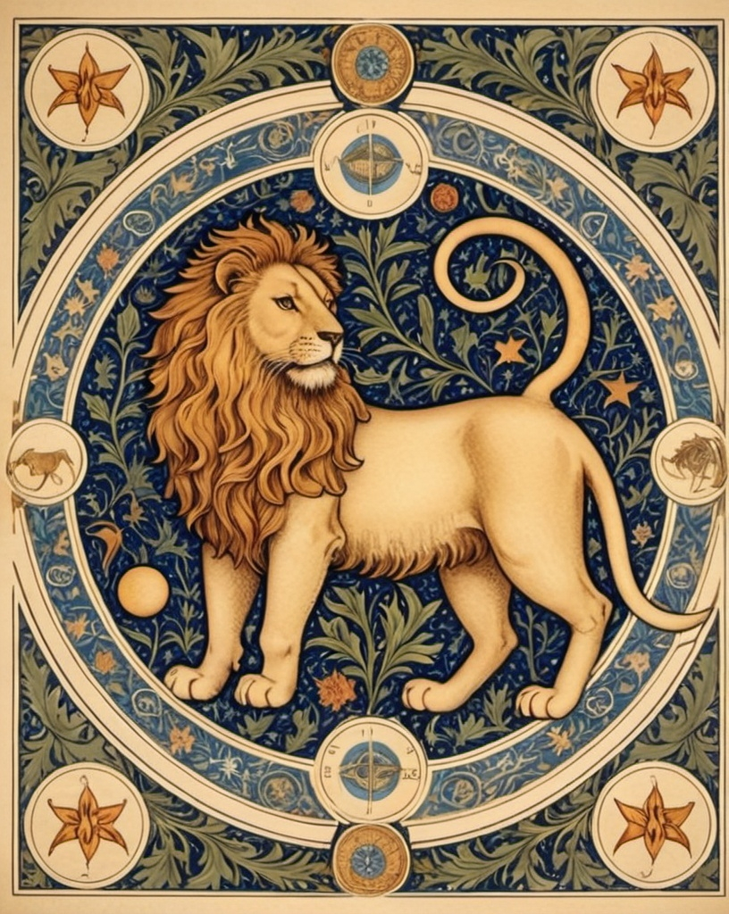 Prompt: William morris style astrology with astrological sign of leo imagery. make the corners clean



