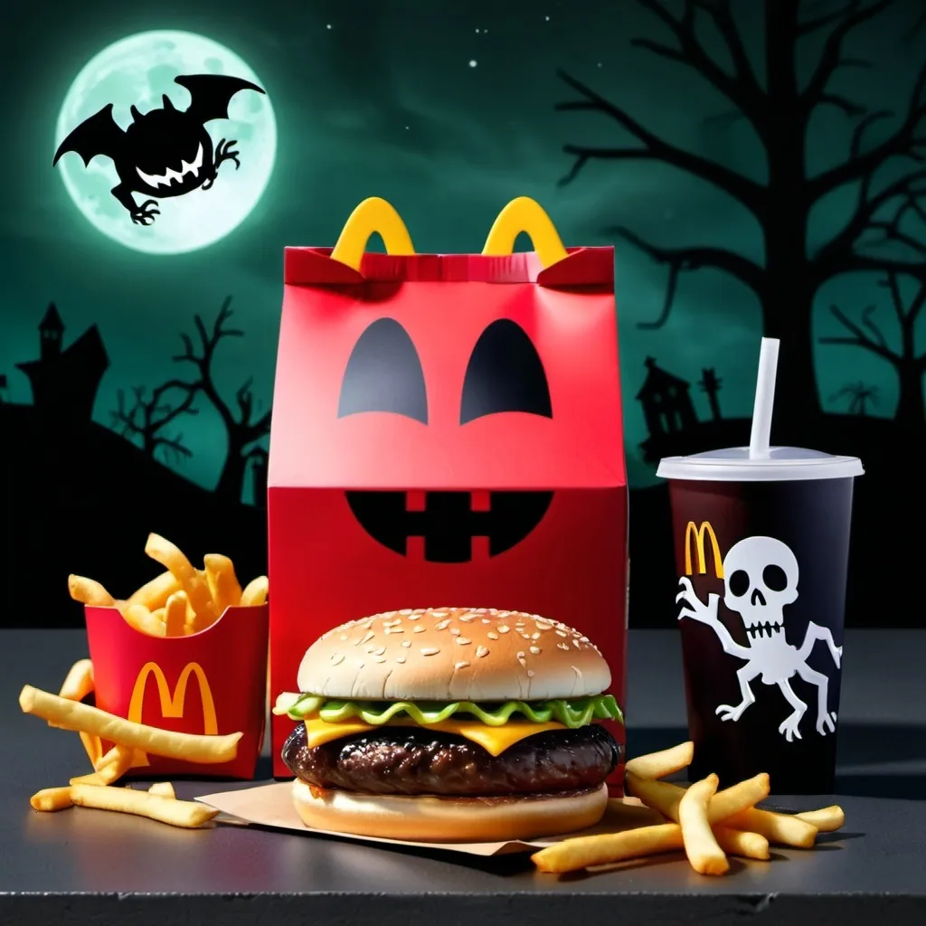 Prompt: fun spooky mcdonalds horror themed happy meal package
