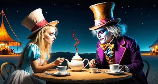 Prompt: fantasy drawing of alice in wonderland and the mad hatter at tea party on playa at burning man at night, fantasy, cartoon