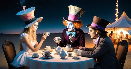 Prompt: fantasy drawing of alice in wonderland and the mad hatter at tea party on playa at burning man at night, fantasy, cartoon