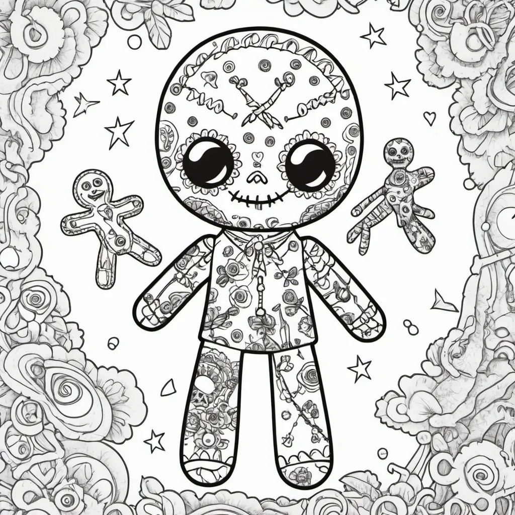 Prompt: create a coloring book page with simple voodoo doll images

