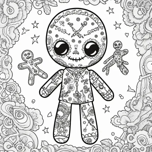 Prompt: create a coloring book page with simple voodoo doll images

