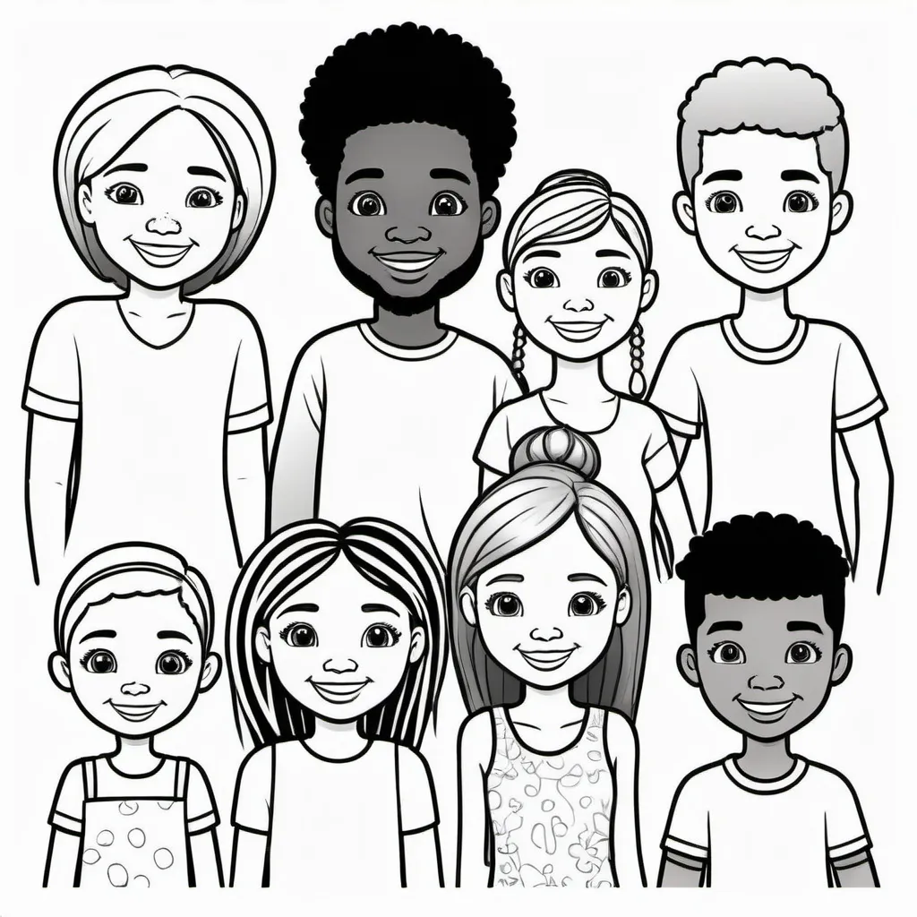 Prompt: clip art outline images of interracial friends for a kids coloring book
