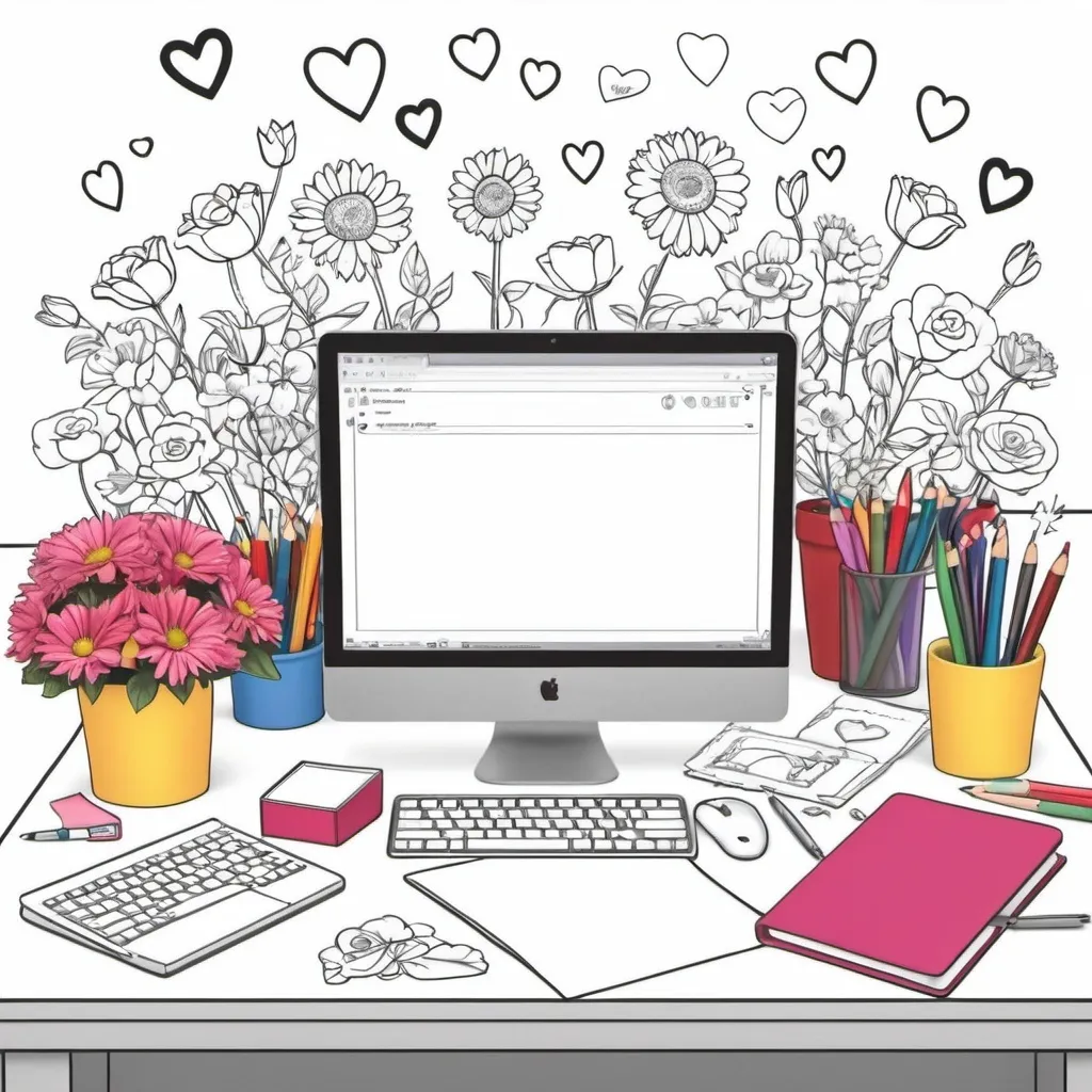 Prompt: create a simple coloring book page with office items and hearts, and flowers and happy emojis with a computer desk in the center


