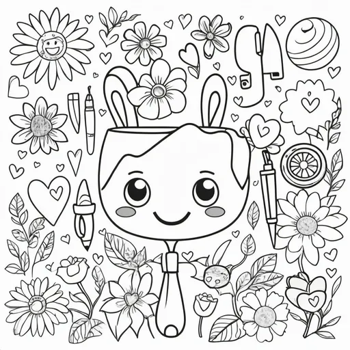 Prompt: create a simple coloring book page with office items and hearts, and flowers and happy emojis


