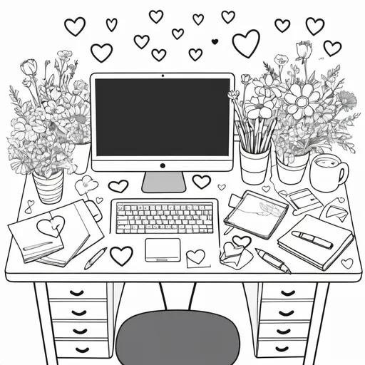 Prompt: create a simple coloring book page with office items and hearts, and flowers and happy emojis with a computer desk in the center


