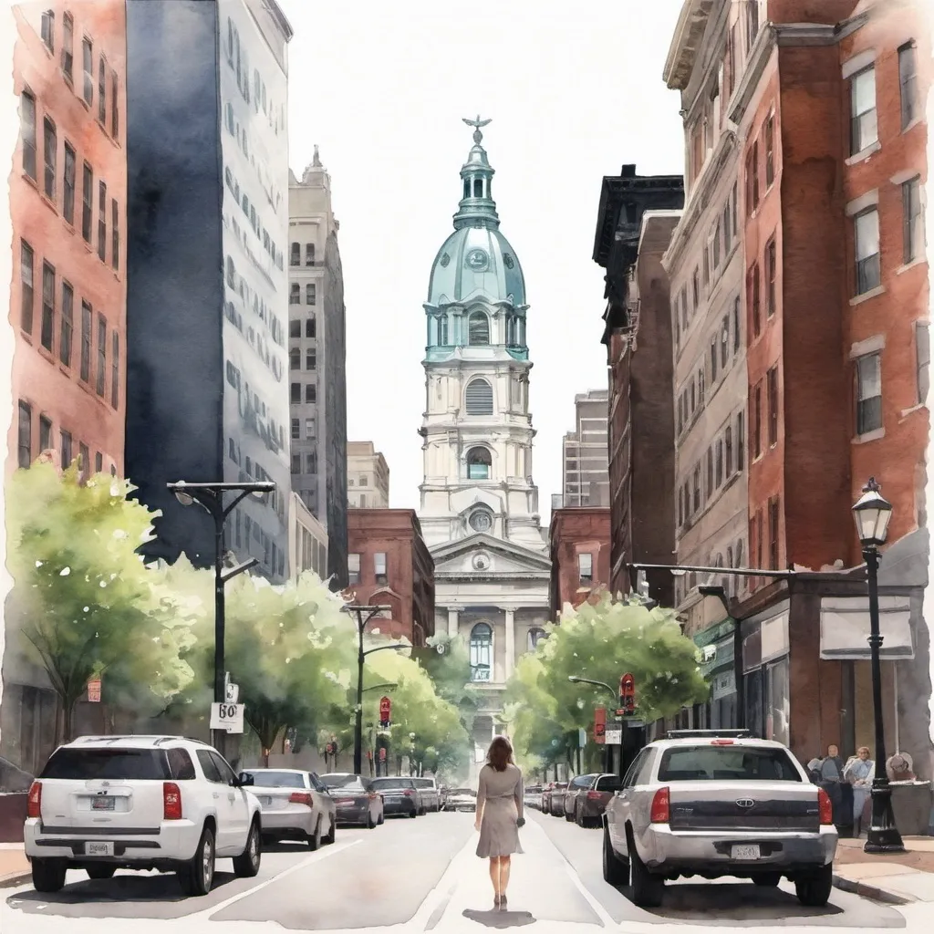 Prompt: A women's feel of the city of Philadelphia for a conference as the back drop for the stage. Something without using people or vehicles in a softer watercolor look?


