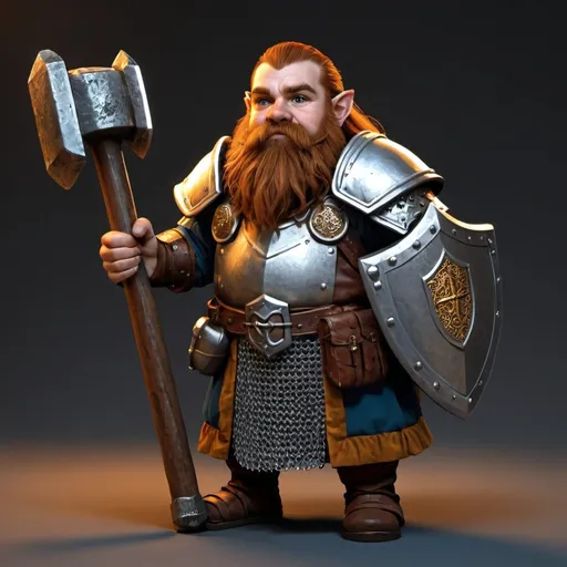 Prompt: young dwarf life cleric with hammer, shield, and chainmail