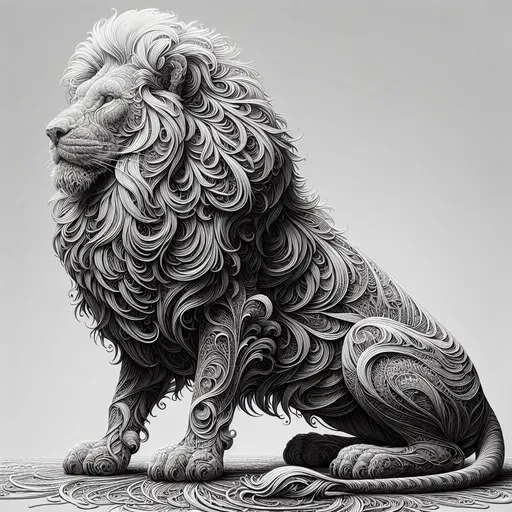 Prompt: Black and white line art huge majestic lion sitting, high-key, highly detailed, intricate lines, very thin lines, clear background