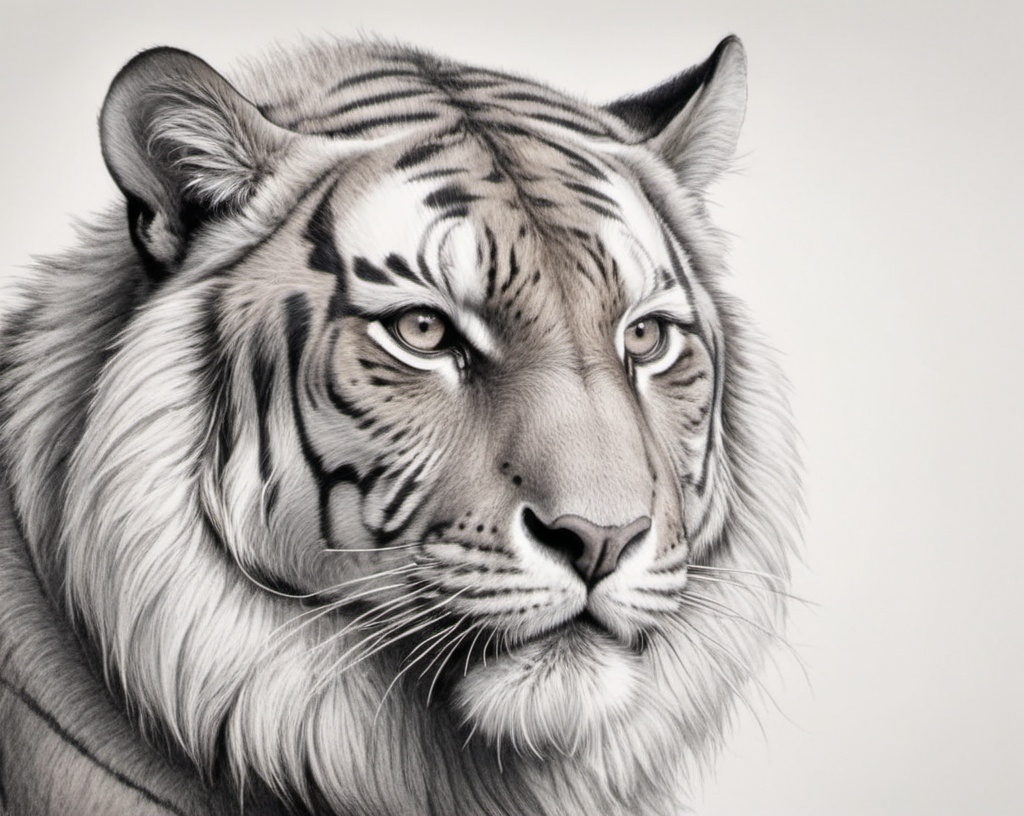 Prompt: Highly detailed black sketch of a large male tiger isolated against a pure white background, intricate engraving, intense and determined expression, atmospheric lighting, detailed fur, setting, best quality, highres, ultra-detailed, intricate design  atmospheric lighting