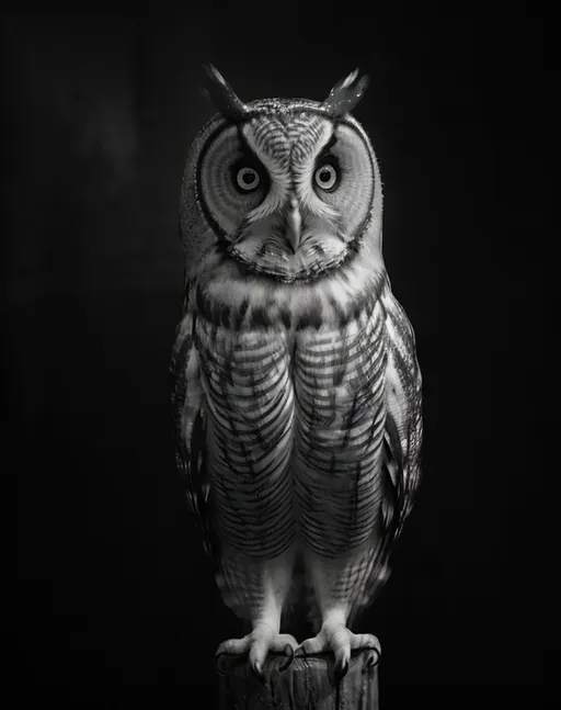 Prompt: black and white, (photorealistic) owl (((the owl is mostly hidden in the shadows))), (dim film noir) atmosphere, ((black background)), high detail, high contrast, soft dim lighting, single light source, captured in perfect (rule of thirds) composition, evoking a sense of mystery, (8K ultra-detailed), cinematic depth and intrigue.