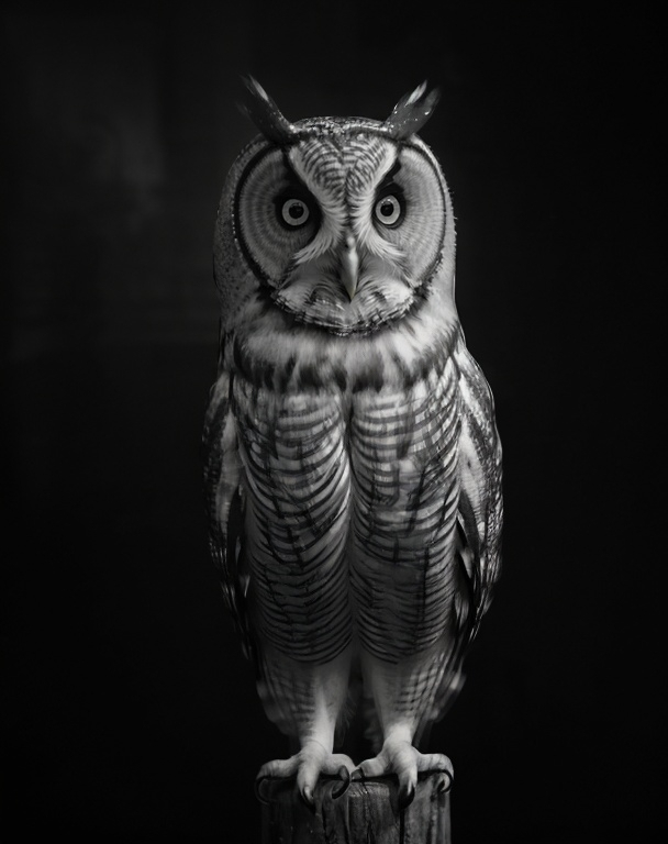 Prompt: black and white, (photorealistic) owl (((the owl is mostly hidden in the shadows))), (dim film noir) atmosphere, ((black background)), high detail, high contrast, soft dim lighting, single light source, captured in perfect (rule of thirds) composition, evoking a sense of mystery, (8K ultra-detailed), cinematic depth and intrigue.