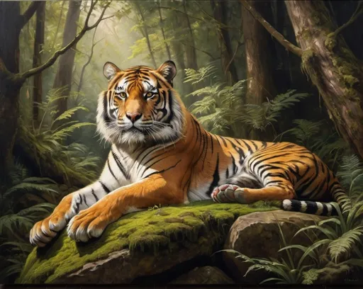 Prompt: Oil painting in the style of Rembrandt: A huge, majestic tiger sitting atop a moss-covered boulder in a lush, verdant forest. The tiger's fur is rendered with fine, precise brushstrokes, capturing every intricate detail of its striped coat. Dappled sunlight filters through the dense canopy, creating dramatic chiaroscuro effects on the tiger's muscular form. The composition follows the rule of thirds, with the tiger positioned off-center. The surrounding forest is richly detailed, showcasing individual leaves, bark textures, and forest floor foliage. Strong contrast between the bright tiger and the shadowy forest background enhances the sense of depth and drama. Capture the tiger's piercing gaze and regal posture, emphasizing its power and majesty within its natural habitat.