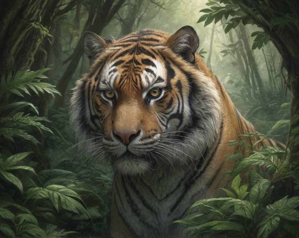 Prompt: Highly detailed fantasy illustration of a large make tiger in a lush forest, intricate engraving, intense and determined expression, atmospheric lighting, detailed fur mystical forest setting, best quality, highres, ultra-detailed, intricate design, intense expression, atmospheric lighting