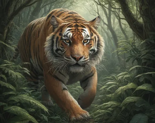 Prompt: Highly detailed fantasy illustration of a large make tiger emerging from the brush in a lush forest, intricate engraving, intense and determined expression, atmospheric lighting, detailed fur mystical forest setting, best quality, rule of thirds, highres, ultra-detailed, intricate design, intense expression, atmospheric lighting