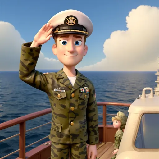 Prompt: United states navy sailor wearing camouflage male on a ship waiving hello