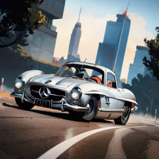 Prompt: Silver Mercedes 300 SL Gullwing racing in LeMans