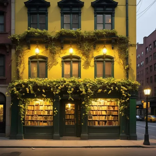 Prompt: upon the strike of midnight, the street's yellow lamplights shone brightly onto the golden plate name of the bookstore. covered by vines, the old forest green walls of the bookstore stood against the modern buildings where flowers stand by the side. 

