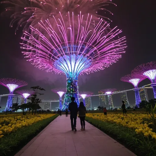 Prompt: I scrambled around the field while i searched for the place called garden by the bay. After a period of time, i found a bright and sparkly looking gigantic flower which was standing many meters above me. The place was covered in mist which made the night view even prettier. The recent pixar movie ‘inside out 2’ was featured in the programme and many similar scenes were created for people to visit and enjoy the lights in the dark. Fireworks were also continuously put up and the scenic view felt ethereal. 
