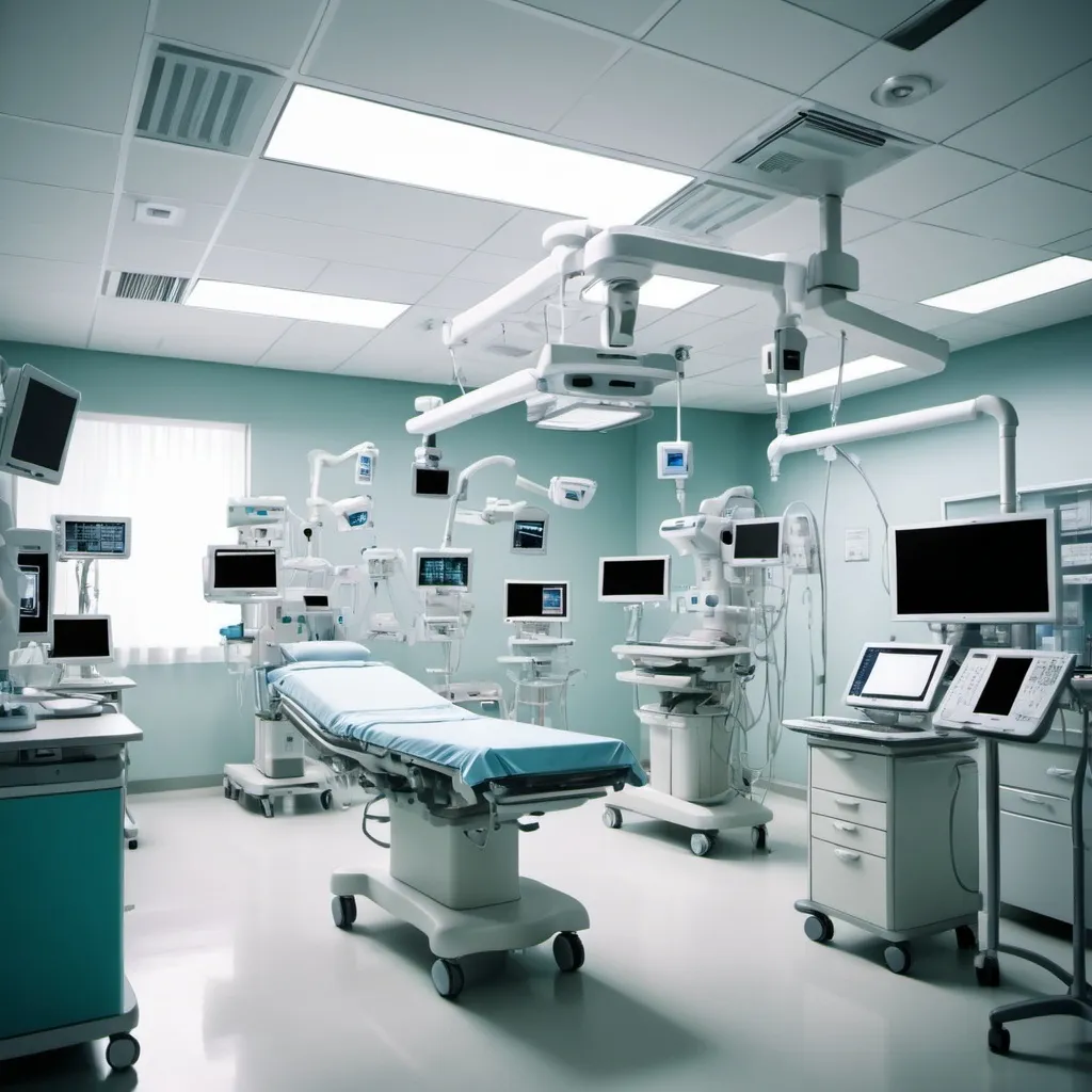 Prompt: create an image of the interior of a hospital filled with imaging equipments, nursing, technicians, doctors and computers showing how well the applications are integrated for the benefit of the patients.
