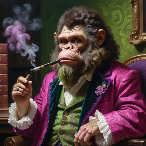 Prompt: Oil painting, Rembrandt,  dark haired bigfoot cryptid wearing a paisley, hot pink and purple smoking jacket, trimmed with green velvet, smoking a tobacco pipe, with ornate library background 

